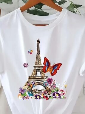 White Eiffel Tower Floral Butterfly Tank Top